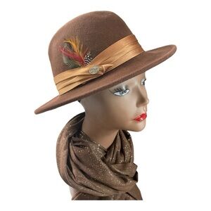 Unisex Vintage wool fedora with multi colored feathers and satin ribbon trim S/M